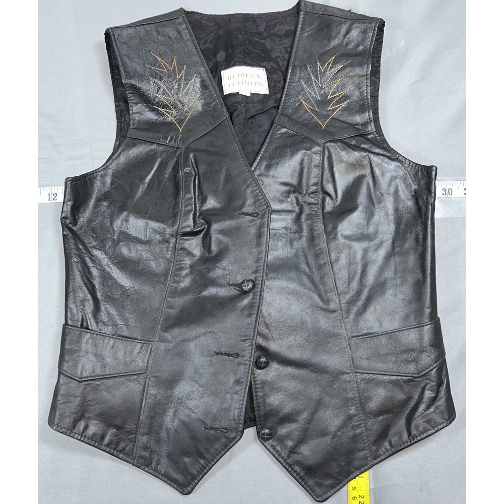 Ruddock‎ Leathers Vest Womens Medium Black Leather Western Embroidered Cowboy